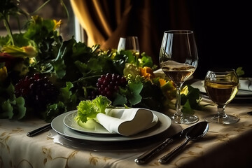 Poster - Served for a banquet table. Wine glasses with napkins, glasses and salads,Generative AI