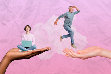 Poster - collage sketch image of dreamy lady working apple samsung modern device looking jumping guy isolated