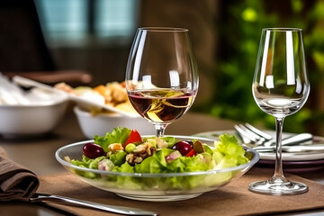 Poster - Served for a banquet table. Wine glasses with napkins, glasses and salads,Generative AI