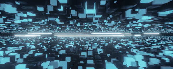 Poster - Abstract blue high tech background. Geometric background of 3d cubes. Abstract geometric pattern. wide web banner. sci-fi backdrop. 3d illustration