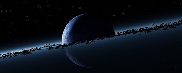 Wall Mural - panorama planet pandora surrounded asteroid belt, rings wreckage of destroyed planet. blue protoplan