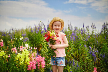 Adorable girl picking beautiful antirrhinum flowers on farm