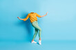 Creative abstract composite photo template collage of unusual weird headless woman dancing enjoy music isolated on blue color background
