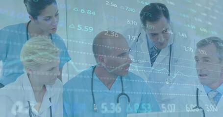 Poster - Animation of stock market data processing over team of doctors discussing together at hospital