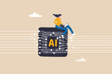 Working with AI artificial intelligence, technology helping or support success work, AI prompt engineer or robot assistance concept, woman work with computer laptop on AI artificial intelligence chip.