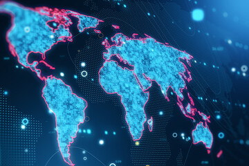 Poster - Global social network connection concept with perspective view on digital blue pixel world map with red contour on dark technological background with data visualization. 3D rendering
