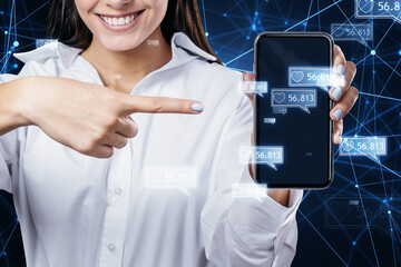 Aufkleber - Concept of network and internet communication. Close up of happy businesswoman hand pointing at cellphone with creative polygonal likes network on blurry background. Double exposure.