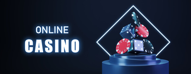 Online casino banner on dark blue background. 3D Rendering