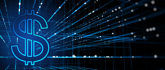 Fototapete - Abstract glowing dollar sign on blue blurry wide metaverse lines background. Online banking, money and invest concept. 3D Rendering.
