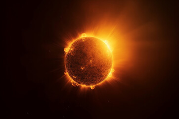 Wall Mural - sun flare, solar and fire burn in dark sky for astrology, universe and galaxy space in science resea