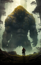 Generative AI Man In The Forest With Giant Monster. 3D Illustration. Fantasy.