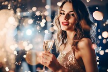 Woman Drinking Champagne On A New Year Party With Confetti