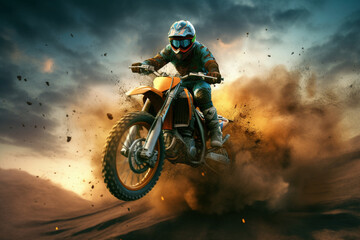 Thrilling dirt biker in action, vibrant energy explosions, photorealistic details, and captivating dark aquamarine and orange tones, Generative Ai