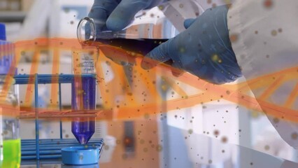 Poster - Animation of dna structure and spots over mid section of a male scientist working at laboratory