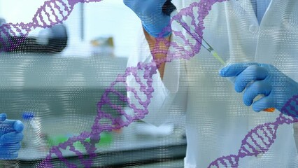 Poster - Animation of dna structures spinning over mid section of two male scientists working at laboratory