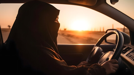 Islam female is driver. Arabic Muslim women driving car, sunset light. AI generation