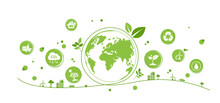 World Environment And Sustainable Development Concept With Ecology Doodle Icons In Gear, Vector Environment, Eco Friendly, Green Technology And Ecology Symbols. Isolated Vector In Flat Style