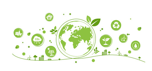 World environment and sustainable development concept with ecology doodle icons in gear, vector environment, eco friendly, green technology and ecology symbols. isolated vector in flat style