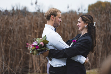 Bride and Groom autumn park. High quality photo