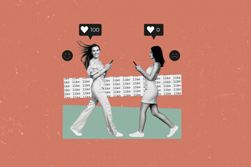 Poster - Creative composite illustration collage photo of two young beautiful girls compete who is more popular isolated drawing background