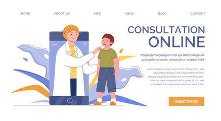 Wall Mural - Medical online service for pediatrics. Remote access to doctor by phone or via Internet. Therapist works with children. Vector characters flat cartoon illustration. Landing page template. 