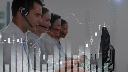 Poster - Animation of graphs over diverse customer service representatives working on computer at office
