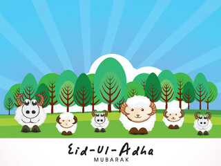 Poster - Eid-Ul-Adha Mubarak Greeting Card with Group of Cartoon Sheep Standing on Nature View and Blue Rays Background.