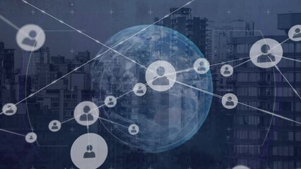 Poster - Animation of connected icons over globe in circle against modern city in background