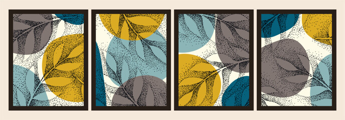 Wall Mural - Creative floral posters. Blue, yellow background with plants, dot, leaves. Hand-drawn minimalist illustrations for interior design, social media, covers, brochures.