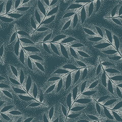 Wall Mural - Abstract nature background. Botanical blue seamless pattern. Hand drawn foliage in dotted flat style. Leafage silhouettes. Outline contour drawing. Good for fashion, textile, fabric.