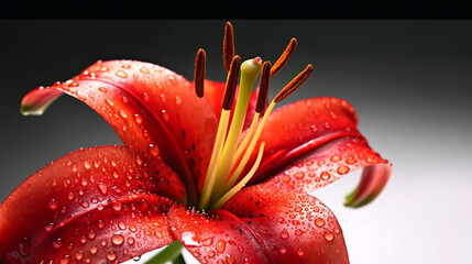 Wall Mural - Macro close up shot wet red Tiger Lily flower and some water drops looks fresh. Generative AI technology.