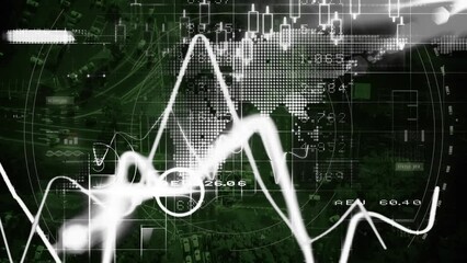 Poster - Animation of multiple graphs and trading board over aerial view of moving vehicles