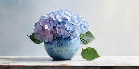 Sticker - Still life composition with blue hydrangea, hortensia. Close up of flowers blooming. Copy space. Nature botanical wallpaper, greeting card. Summertime template. Mockup. Generative ai.