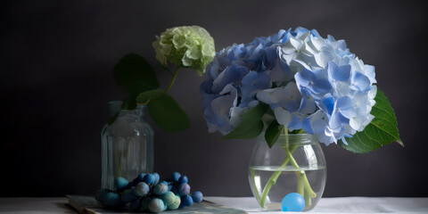 Sticker - Still life composition with blue hydrangea, hortensia. Close up of flowers blooming. Copy space. Nature botanical wallpaper, greeting card. Summertime template. Mockup. Generative ai.