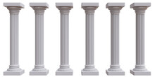 Six Marble Pillars Columns Ancient Greek Isolated On Transparent Background, PNG.