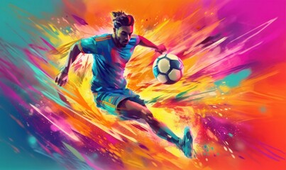 Athlete Male Soccer Player, Sport Man Playing Football Colorful Background. Generative Ai