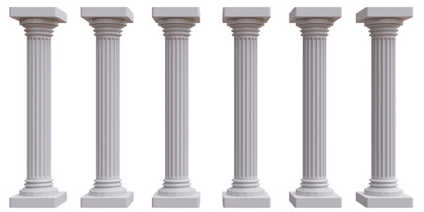 six marble pillars columns ancient greek isolated on transparent background, png.