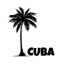 Logo Vacaciones En Cuba. Letras De La Palabra Cuba En La Arena De Una Playa Con Silueta De Palmera