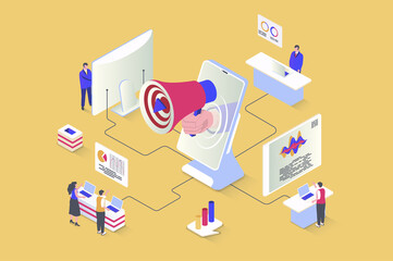 Wall Mural - digital marketing concept in 3d isometric design. online promotion and advertising in social network