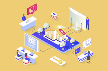 Aufkleber - Real estate concept in 3d isometric design. Architectural agency makes blueprints, realtors sell apartments and houses to new owners. Illustration with isometry people scene for web graphic