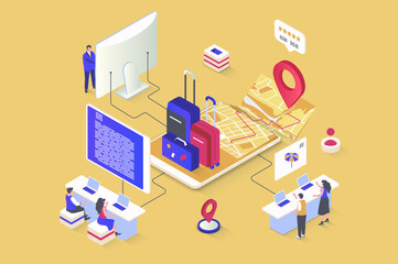 Poster - Travel vacation concept in 3d isometric design. Trip organization, collects luggage, plans route, books flight and hotel in mobile app. Illustration with isometry people scene for web graphic