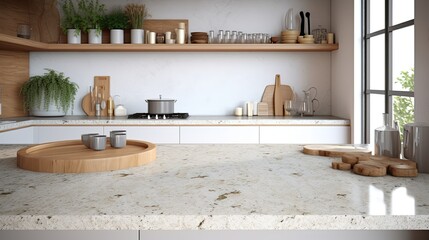 Interior of modern kitchen with white marble countertop and wooden