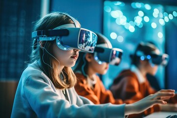 Young students in a computer programming class, wearing augmented reality headsets and interacting with virtual coding interfaces