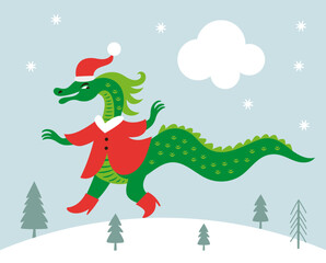 Wall Mural - Cute Dragon in Santa suit. New Year of the green Dragon on the eastern calendar