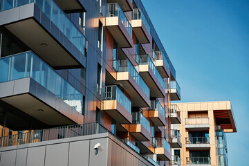 Modern residential complex in Gdansk, Poland. Living house facade with balconies. Apartment building. Mortgage in real estate