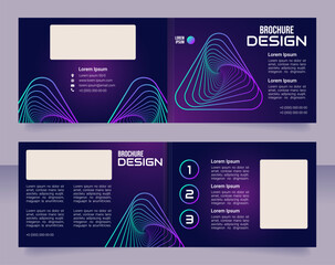 Futuristic technology exhibition bifold brochure template design. Half fold booklet mockup set with copy space for text. Editable 2 paper page leaflets. Roboto Light, Bebas Neue, Audiowide fonts used