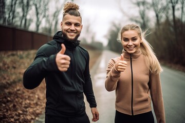 shot of two young people showing thumbs up while out for a run, created with generative ai