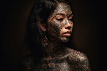 shot of a young ethnic woman with tattooed faces, created with generative ai