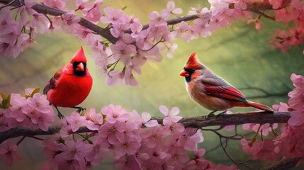 Two charming birds standing on cherry blossom tree branch together. Generative AI