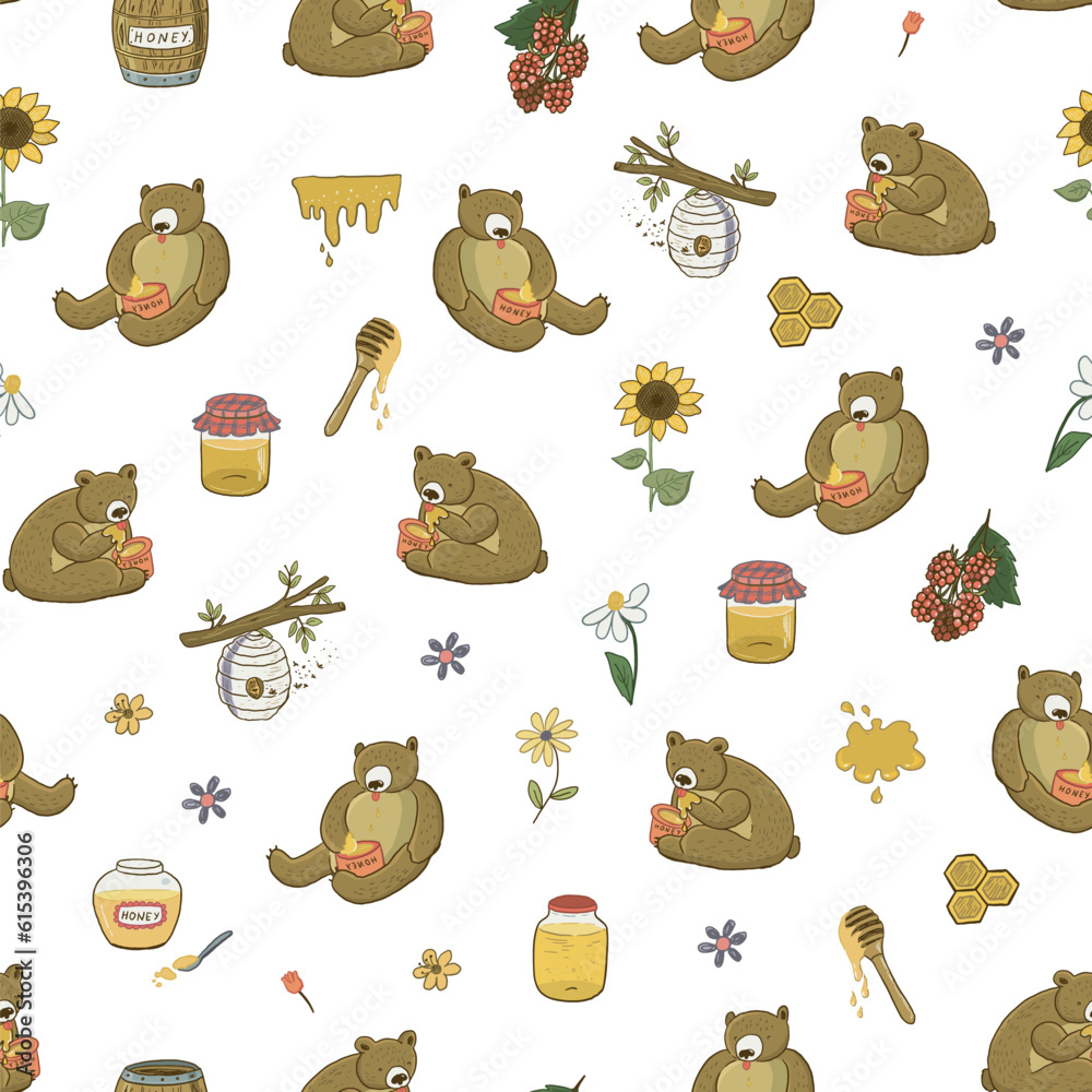 Bees, honey and bears vector seamless pattern. Stock Vector | Adobe Stock